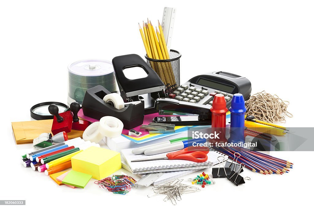 Large Group of Office Supply on White Background